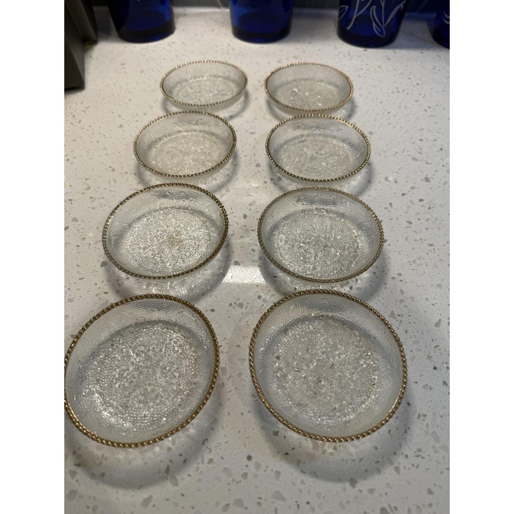 Jeannette Set Of Clear 8 Harp Gold Trim Coaster Mid Century Depression Glass